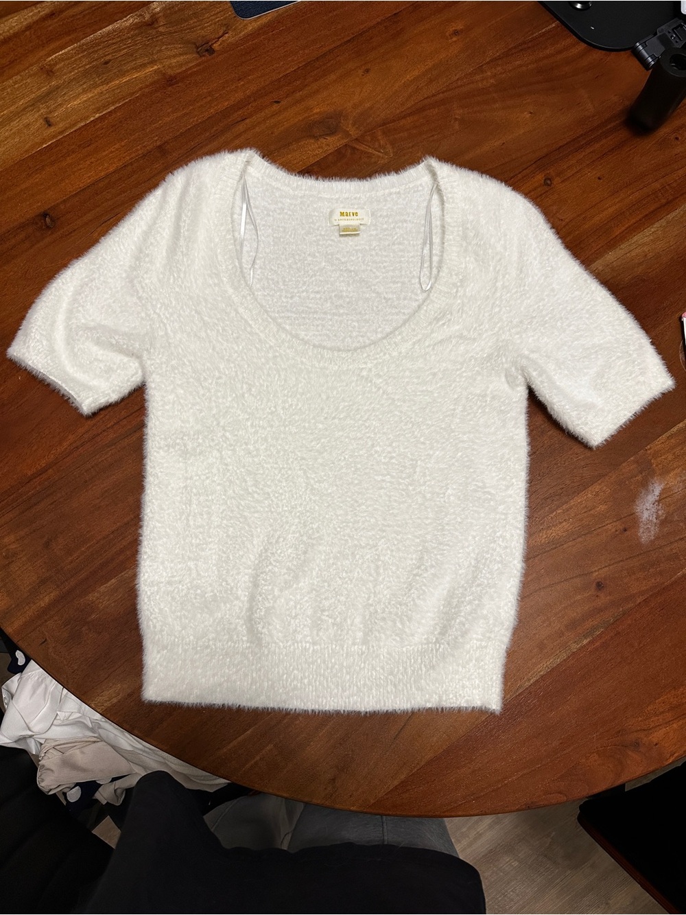 Maeve White Fuzzy Scoop-Neck Short Sleeve Sweater
